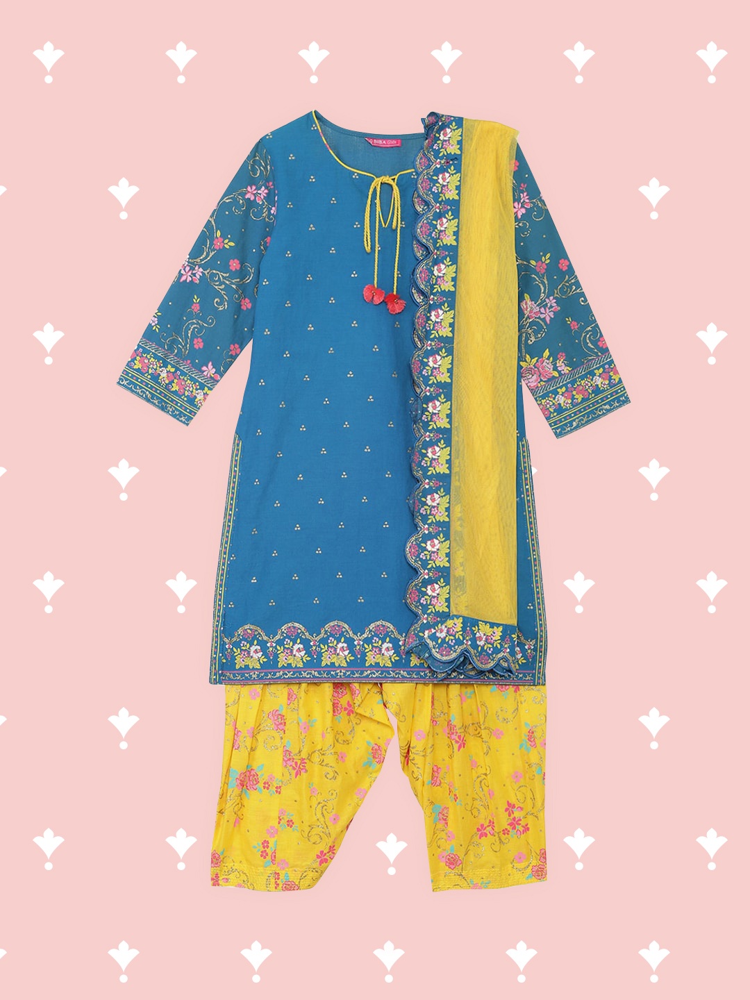 

Biba Girls Blue & Yellow Floral Pure Cotton Kurta with Patiala & With Dupatta