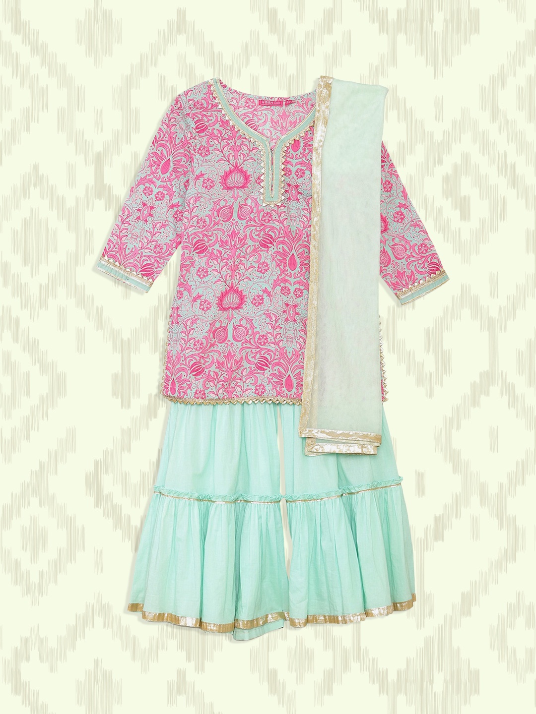 

Biba Girls Sea Green Ethnic Motifs Printed Gotta Patti Kurta with Sharara & Dupatta