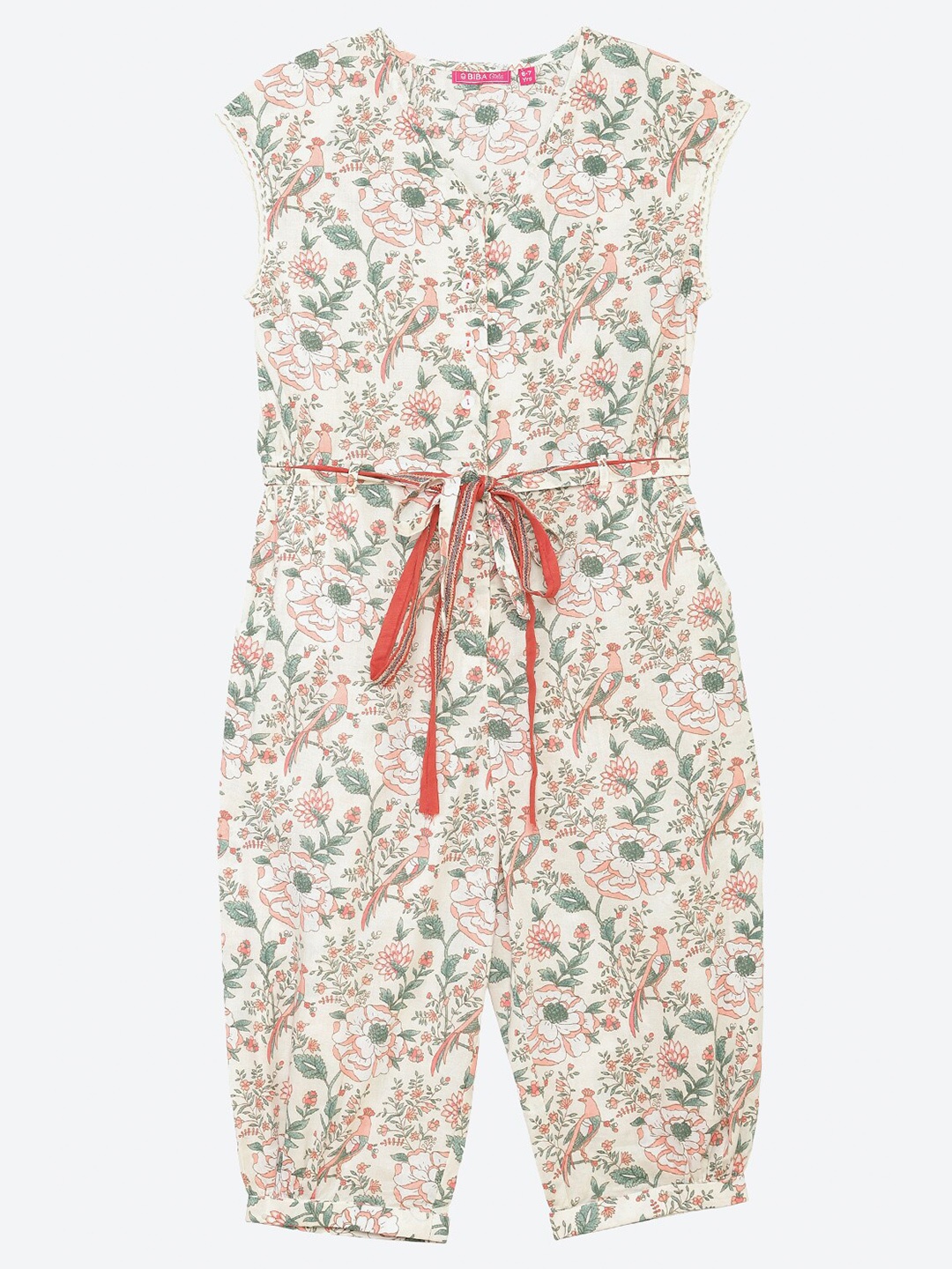 

Biba Girls Off-White & Green Floral Printed Cotton Basic Jumpsuit