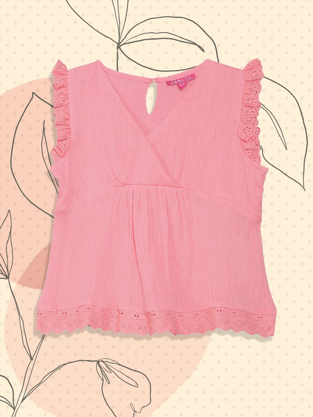 

Biba Girls Pink V-Neck Flutter Sleeves Pure Cotton Top