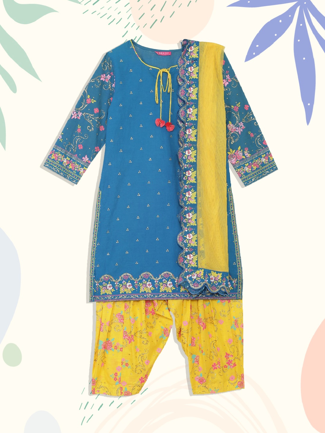 

Biba Girls Blue Ethnic Motifs Embroidered Layered Pure Cotton Kurta with Salwar & Dupatta