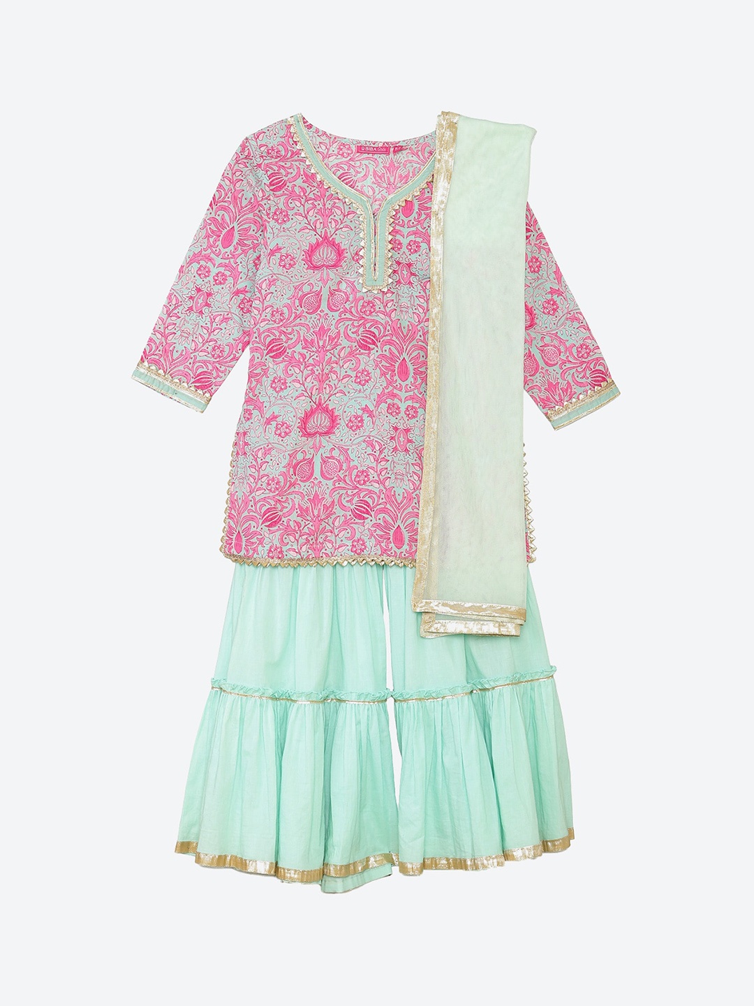 

Biba Girls Green Ethnic Motifs Printed Kurti Sharara Set With Dupatta