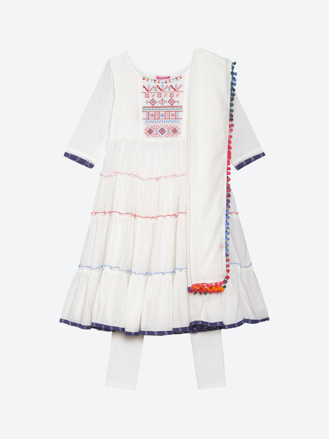 

Biba Girls Off White Yoke Design Tiered Thread Work Kurti with Salwar & With Dupatta