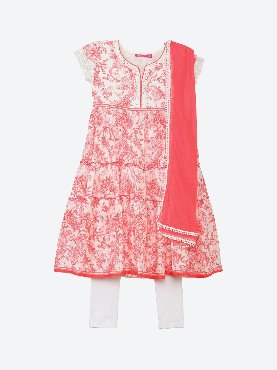 

Biba Girls Pink & White Ethnic Motifs Tiered Pure Cotton Kurta With Churidar & Net Dupatta
