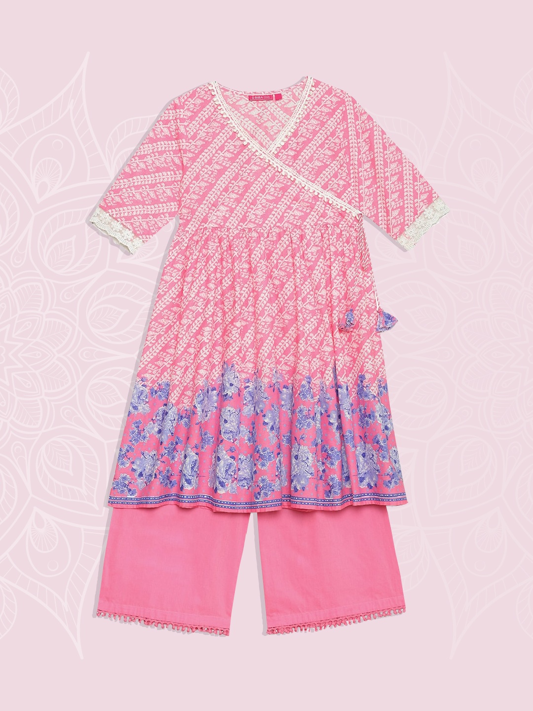 

Biba Girls Pink Floral Printed Angrakha Pure Cotton Kurta with Churidar