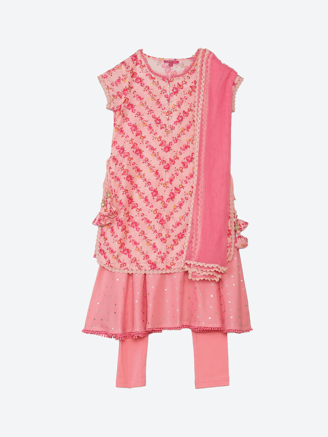 

Biba Girls Pink Floral Printed Kurti with Palazzos & With Dupatta