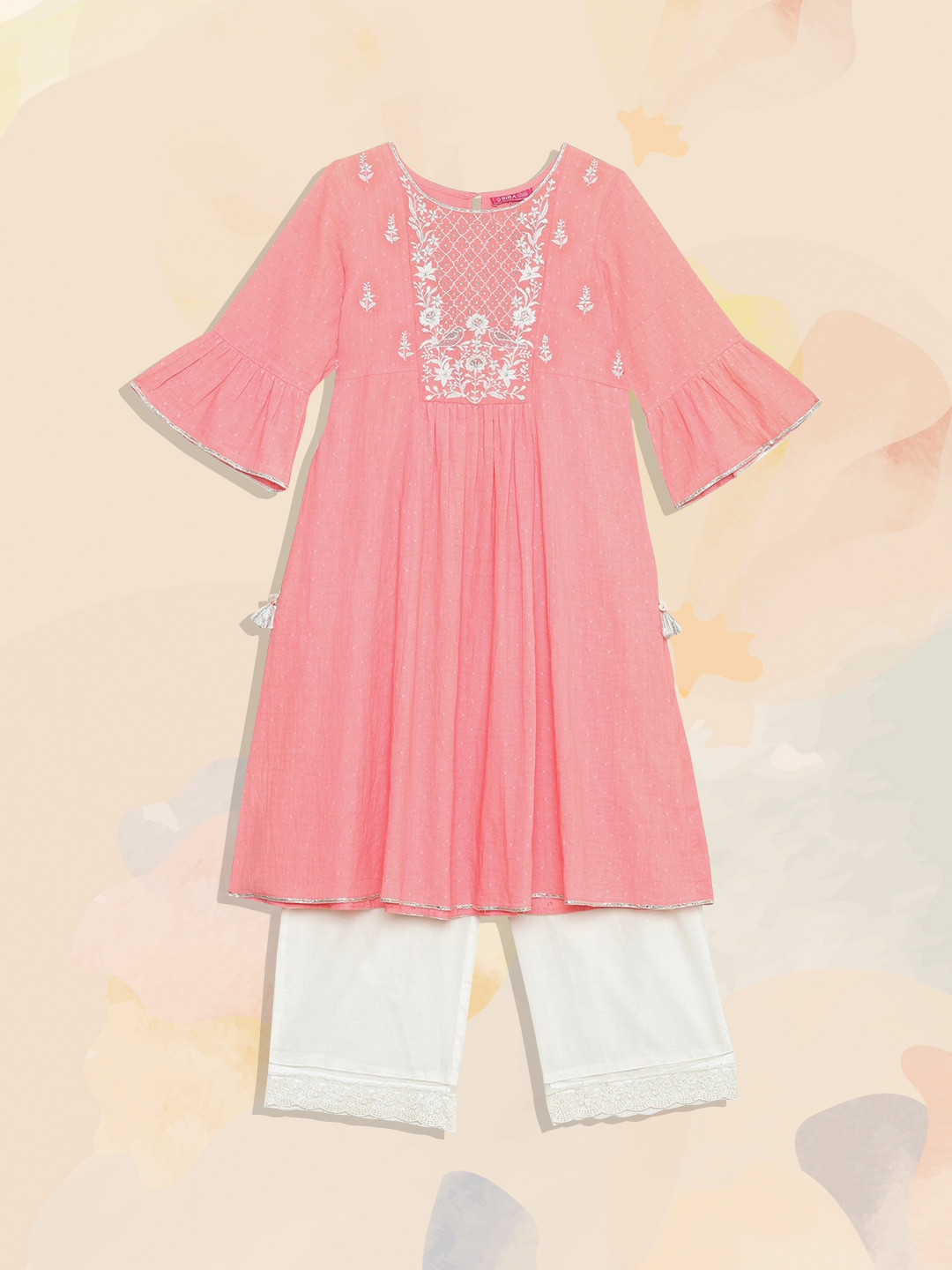 

Biba Girls Pink & White Floral Embroidered Pure Cotton Kurta with Pyjamas