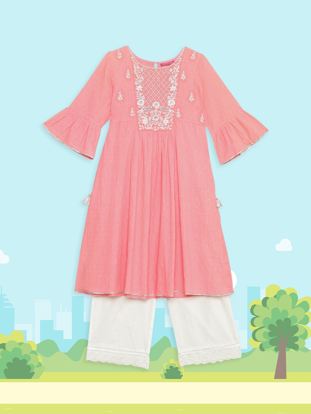 

Biba Girls Pink Floral Embroidered Pure Cotton Kurta with Palazzos