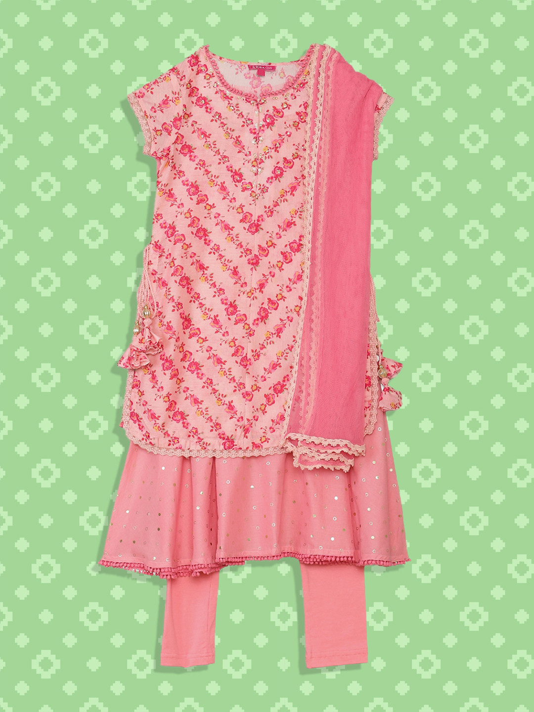

Biba Girls Pink Floral Printed Kurti with Palazzos & With Dupatta