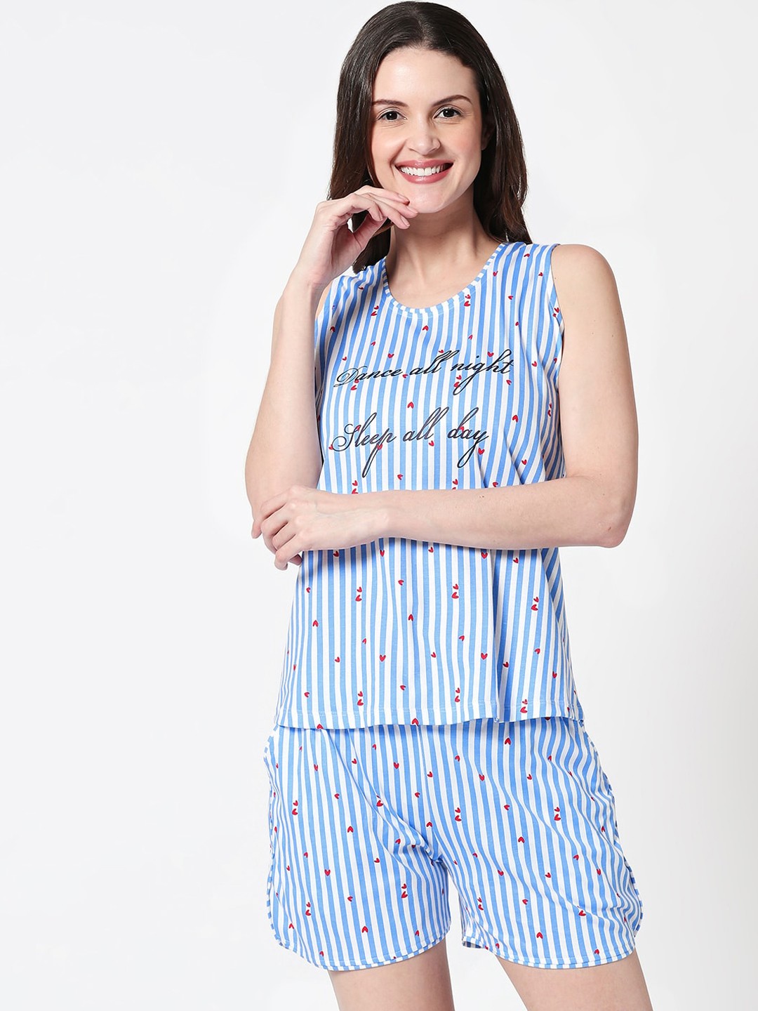 

Zeyo Women Blue & White Striped & Heart Printed Pure cotton Night suit