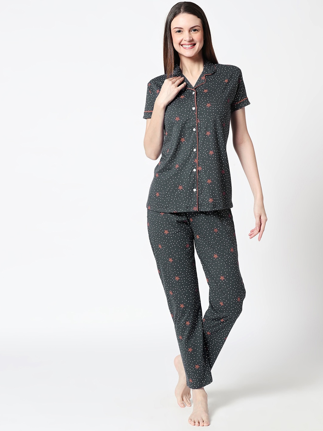 

Zeyo Women Grey Star & Dot Printed Pure Cotton Night suits