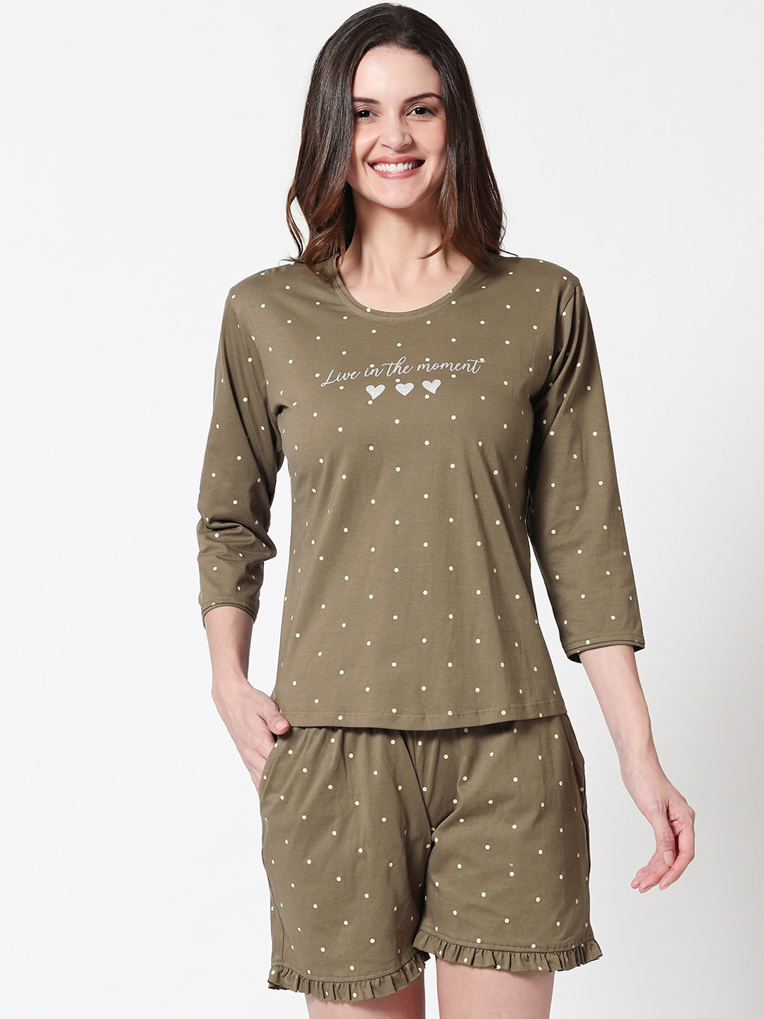 

Zeyo Women Brown & White Printed Pure Cotton Night suit