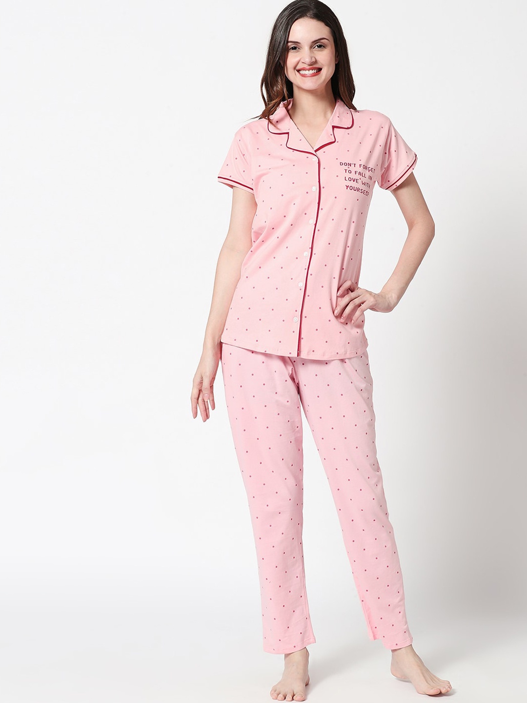 

Zeyo Women Pink Printed Pure Cotton Night suit