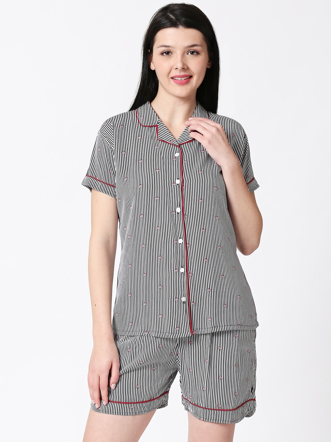 

Zeyo Women Black & White Striped Night suits