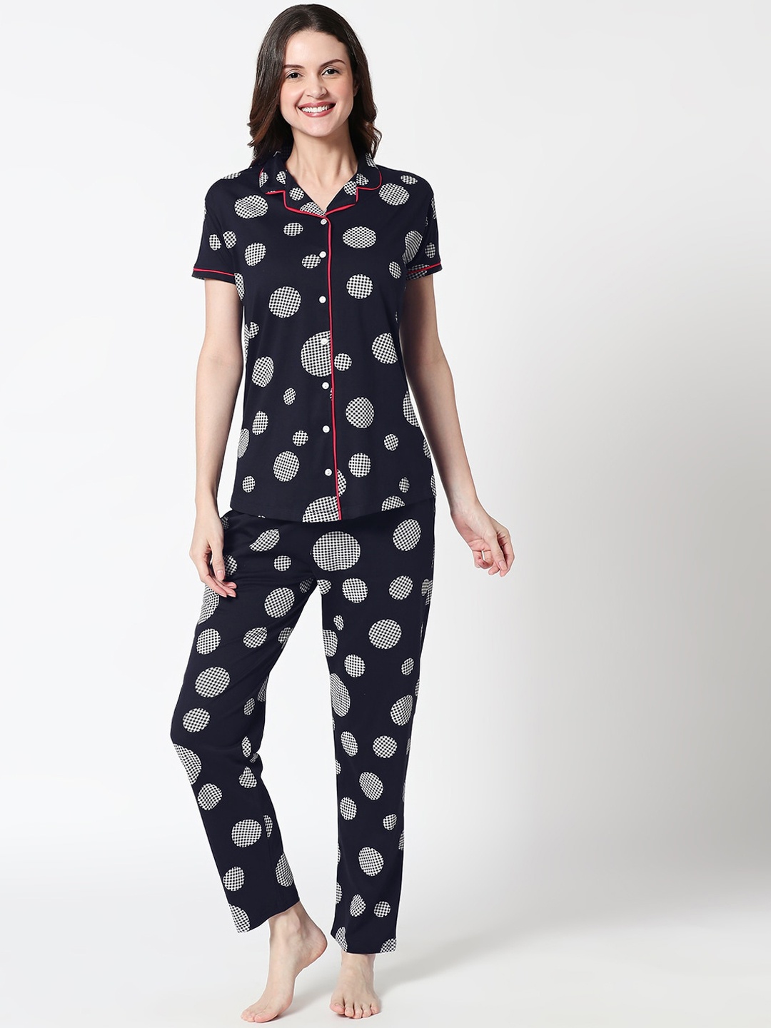 

Zeyo Women Navy Blue & White Printed Night suit
