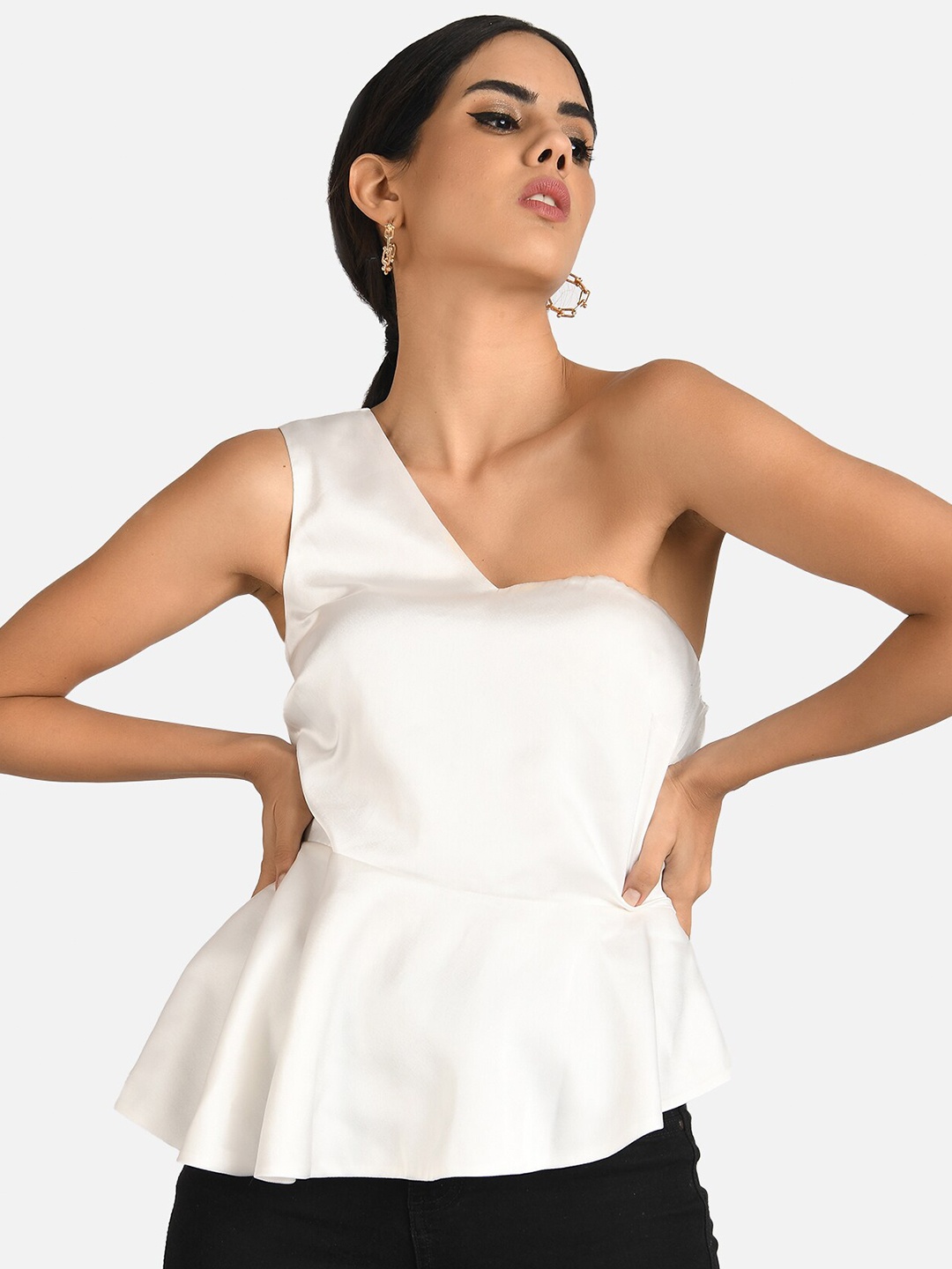

ATTIC SALT Woman White Asymmetrical One Shoulder Satin Top