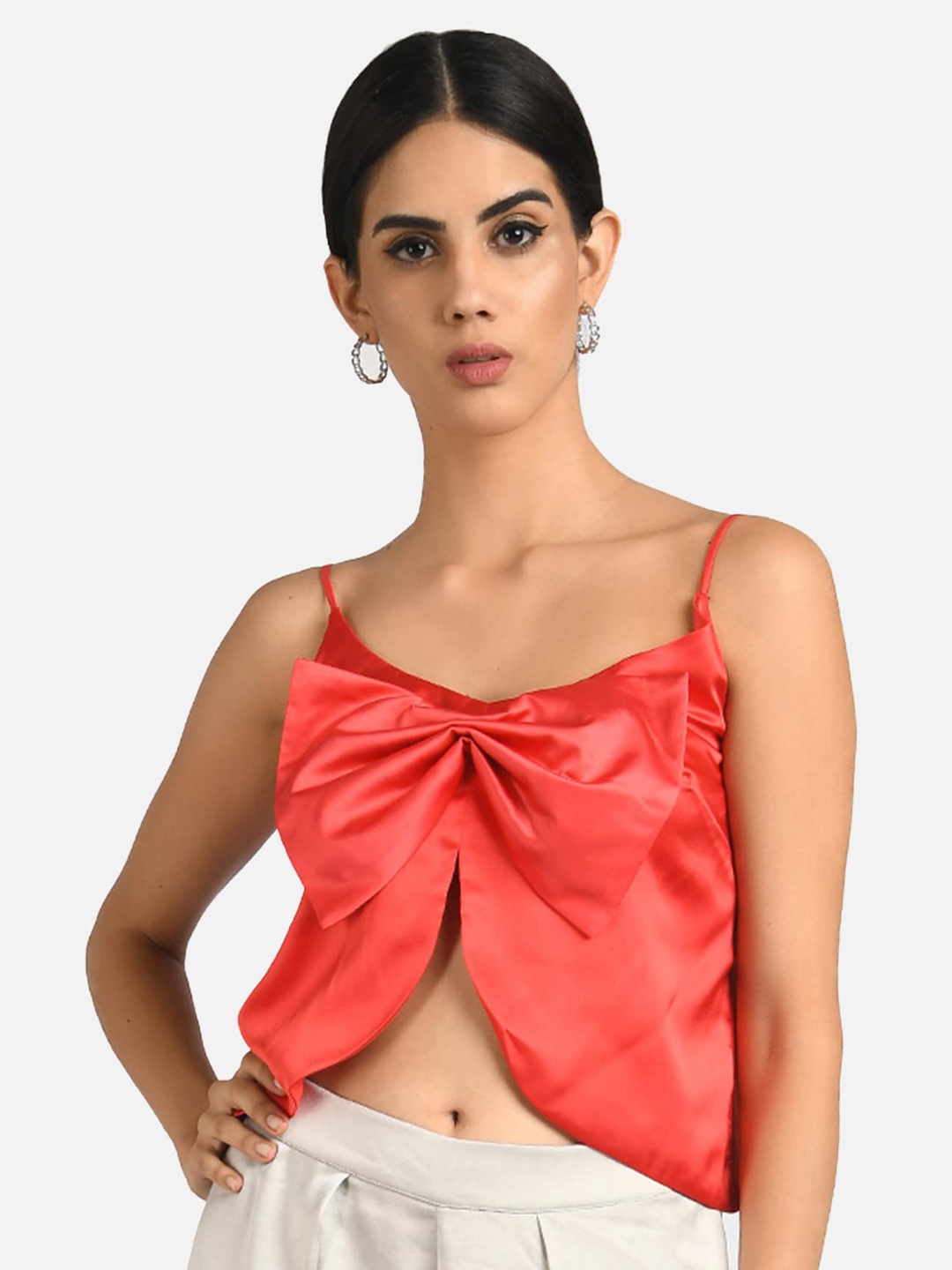 

ATTIC SALT Women Red Satin Bow Top