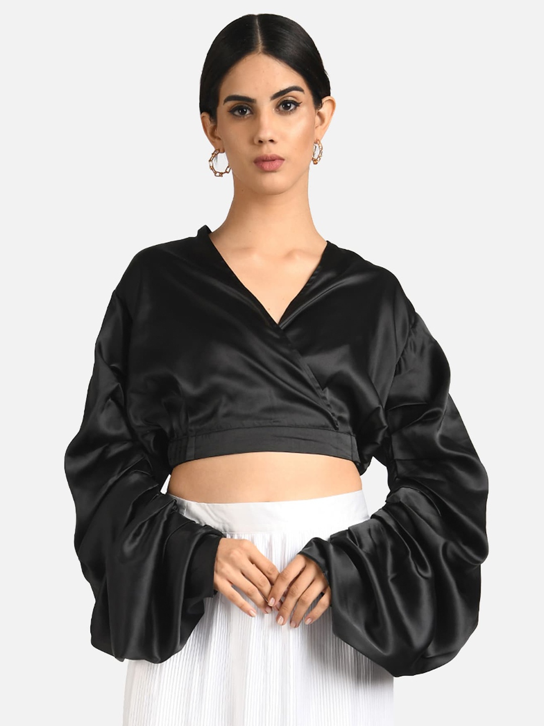 

ATTIC SALT Black Bishop Sleeves Satin Wrap Top