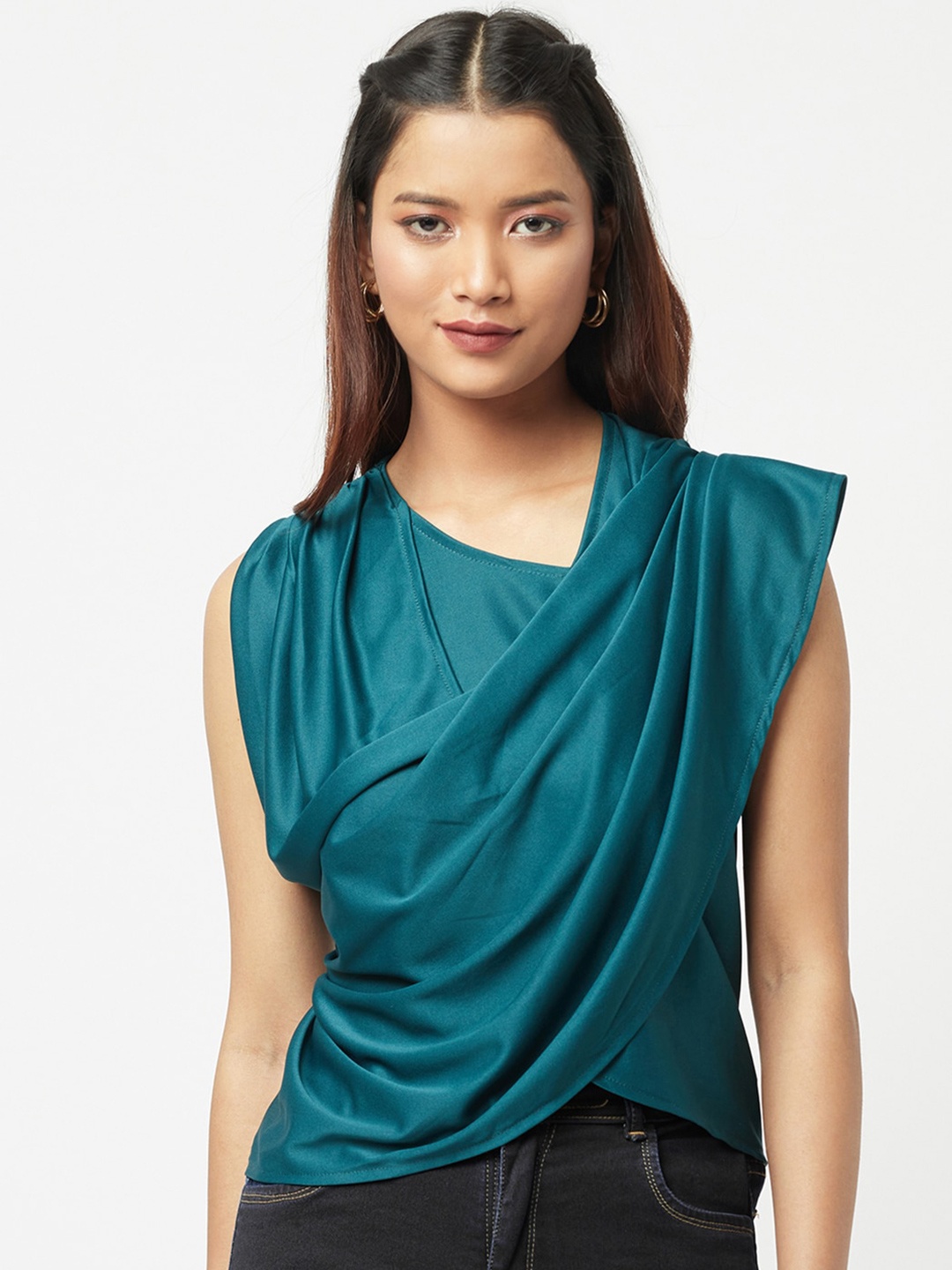

ATTIC SALT Green Asymmetrical Wrap Top