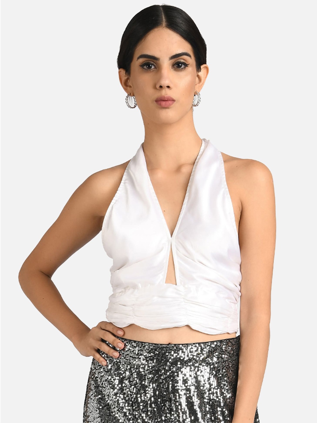 

ATTIC SALT White Halter Neck Satin Bralette Crop Top