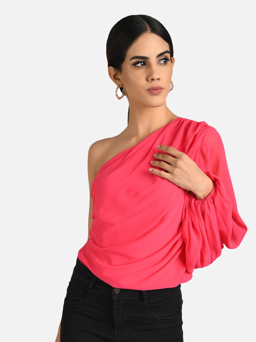 

ATTIC SALT Pink One Shoulder Georgette Top