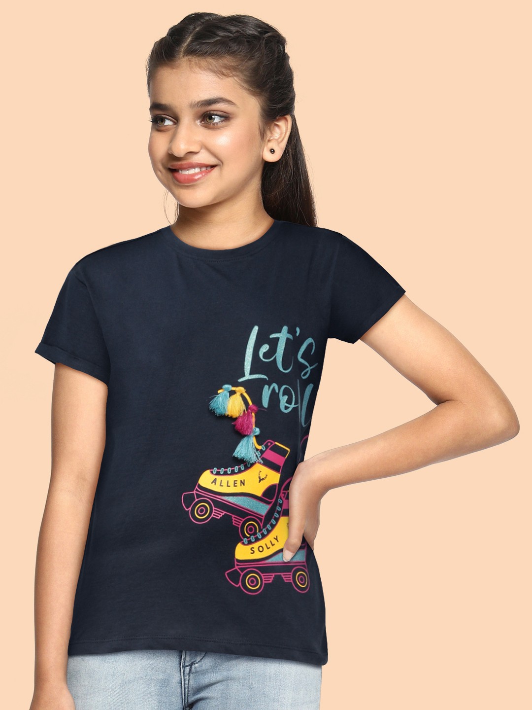 

Allen Solly Junior Girls Navy Blue Brand Logo Printed Pure Cotton T-shirt