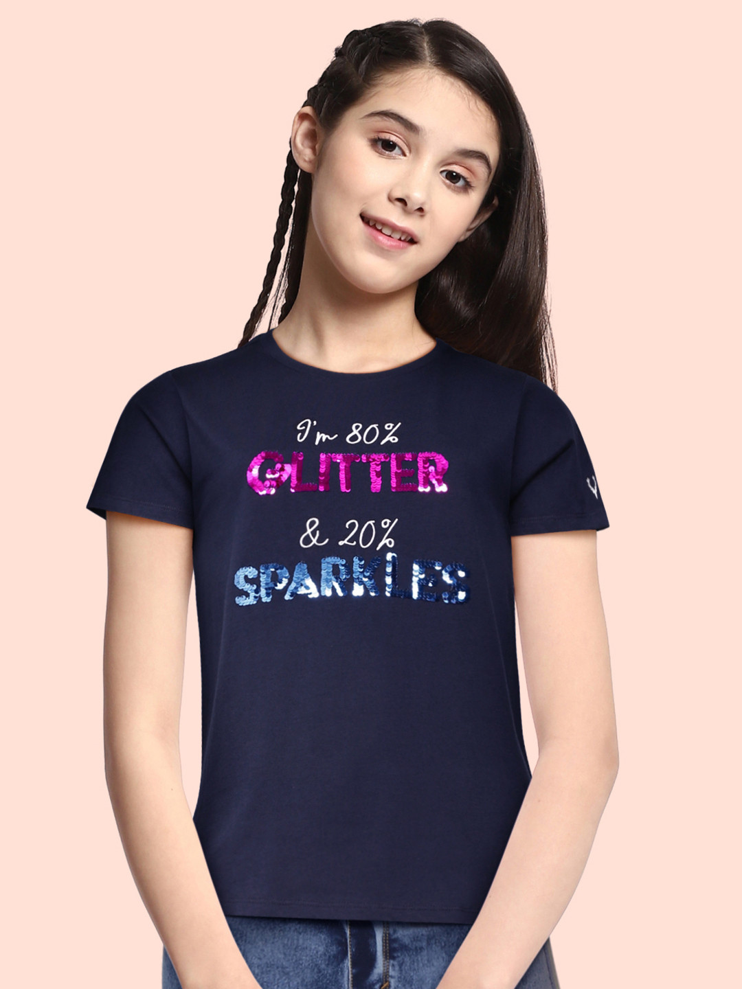 

Allen Solly Junior Girls Navy Blue Embellished Pure Cotton T-shirt