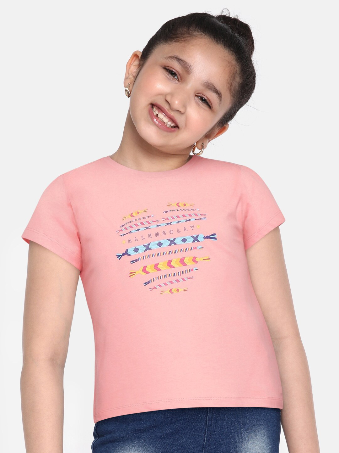 

Allen Solly Junior Girls Pink & Yellow Brand Logo Print Pure Cotton Top