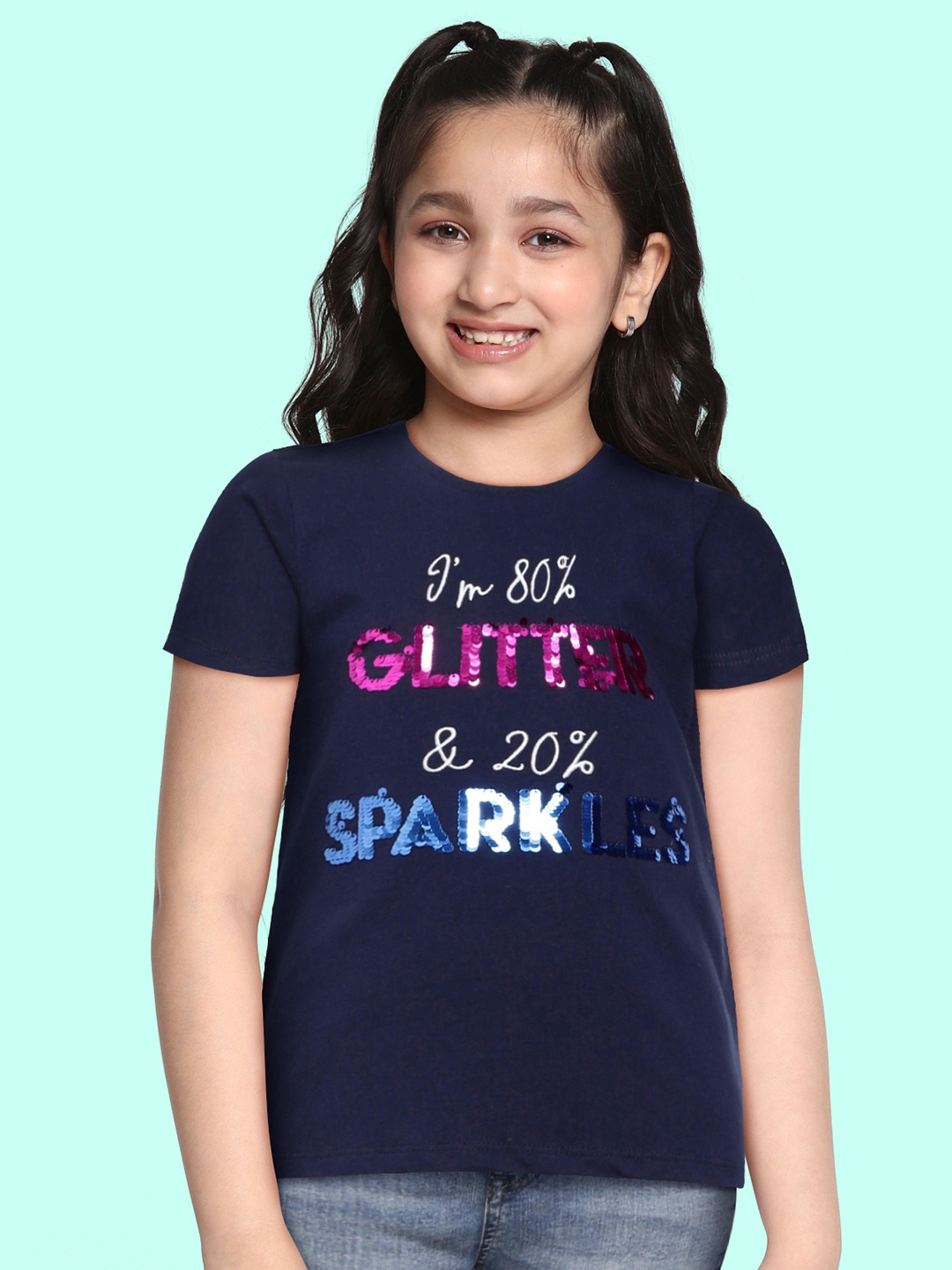 

Allen Solly Junior Girls Navy Blue Embellished Pure Cotton T-shirt