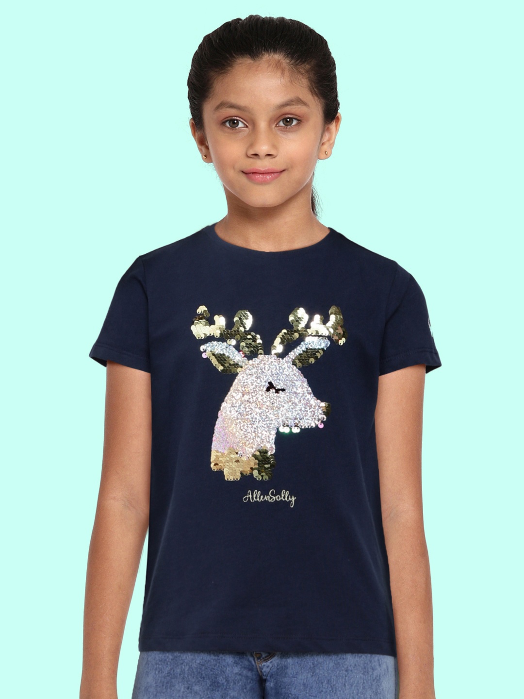 

Allen Solly Junior Girls Navy Blue Embellished Pure Cotton T-shirt