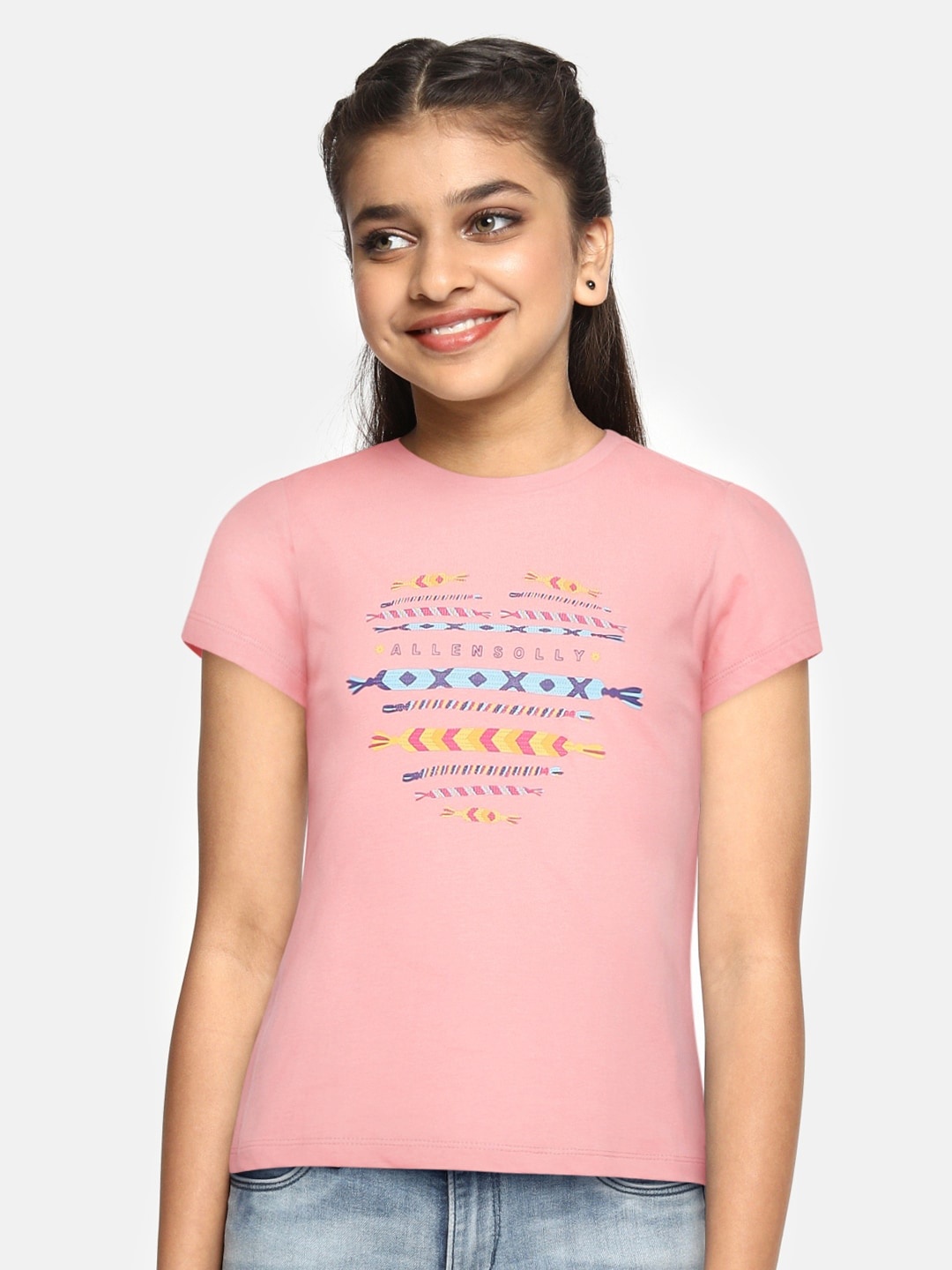 

Allen Solly Junior Girls Pink & Yellow Brand Logo Print Pure Cotton Top