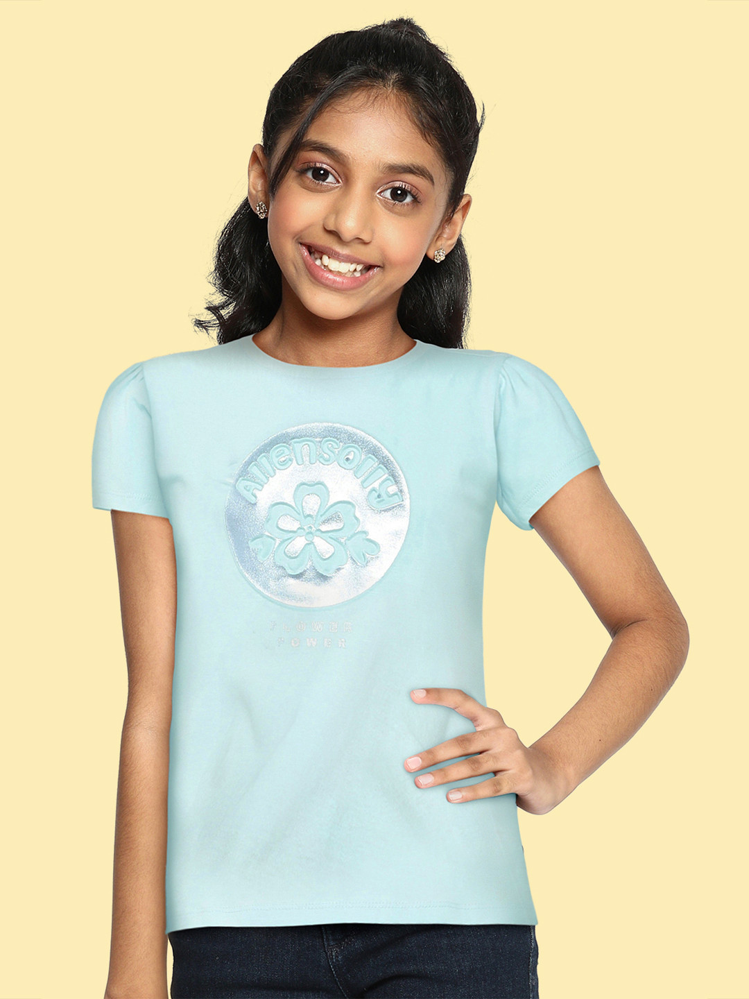 

Allen Solly Junior Girls Blue Brand Logo Printed Pure Cotton T-shirt