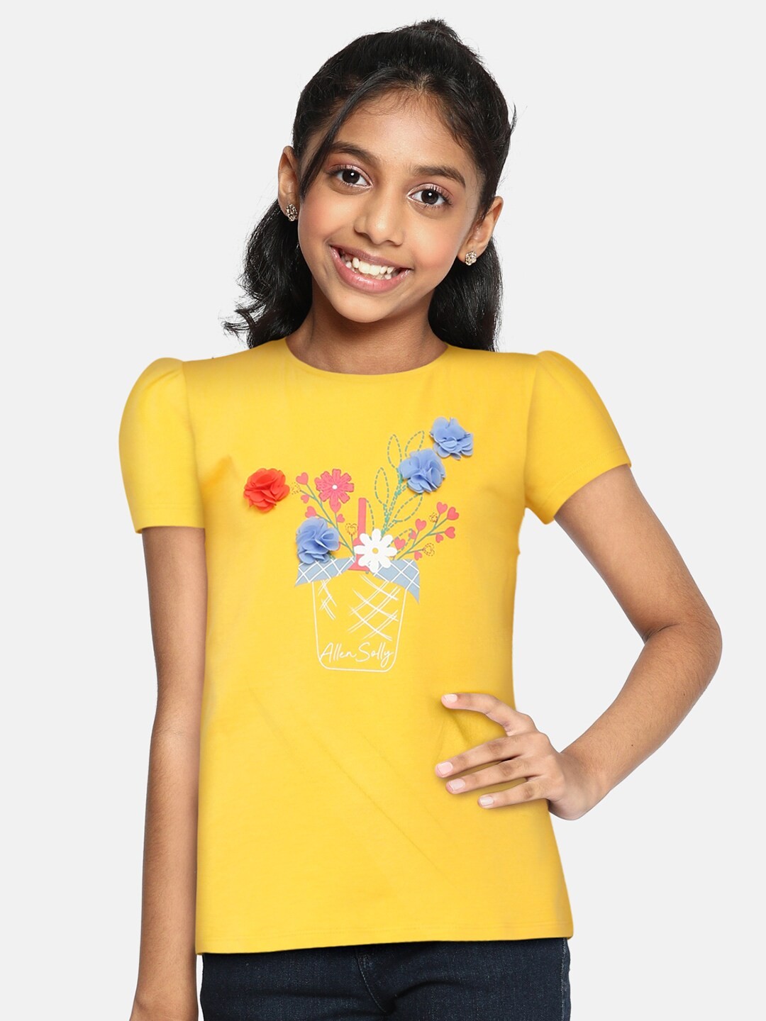 

Allen Solly Junior Girls Yellow & Red Floral Printed Pure Cotton T-shirt With Applique