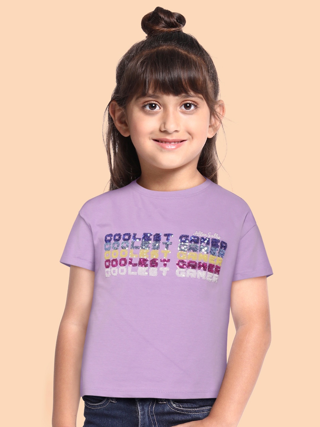 

Allen Solly Junior Girls Purple & Yellow Typography Sequined Cotton T-shirt
