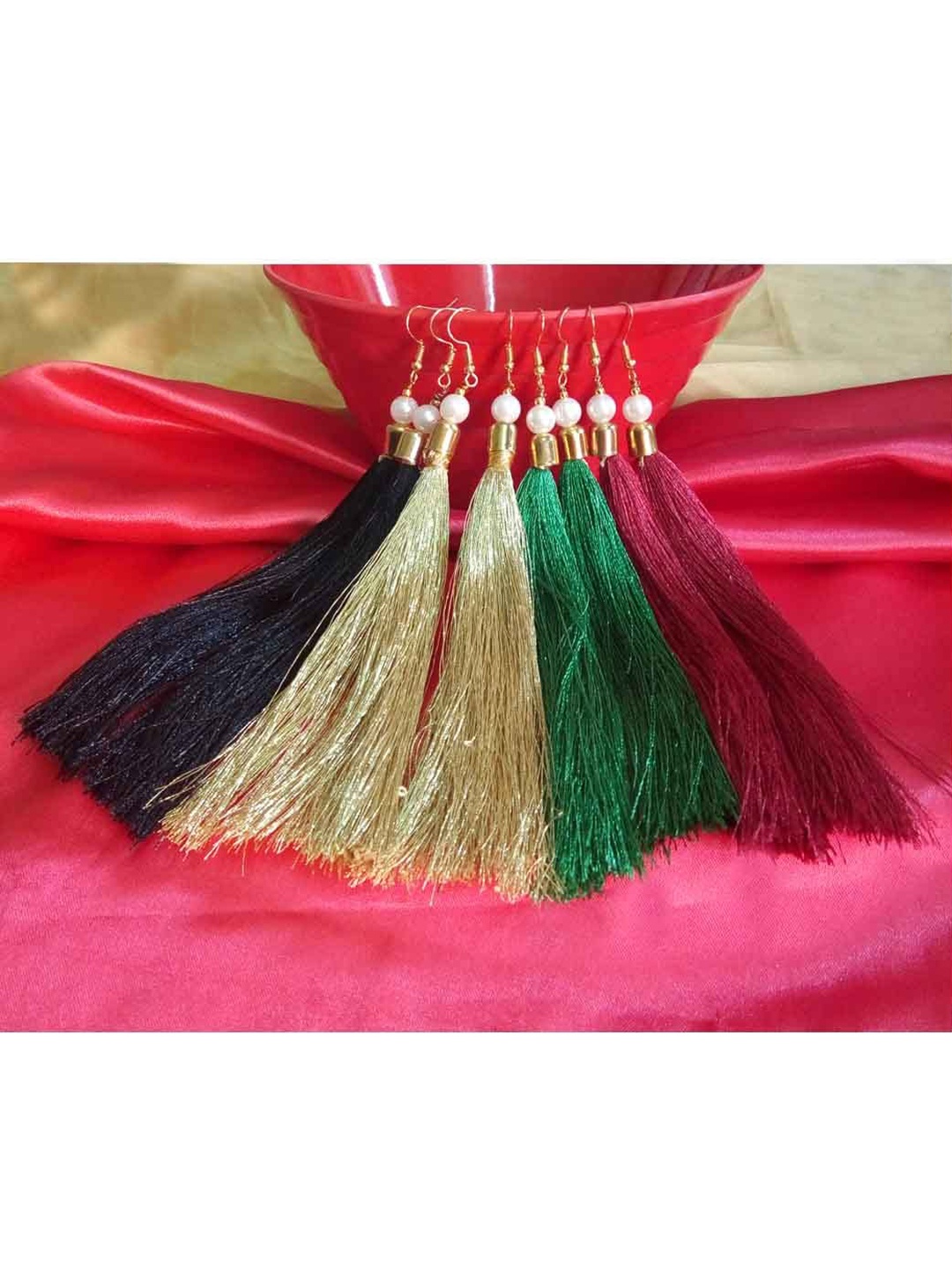 

RICH AND FAMOUS Set of 4 Gold-Plated Multicoloured Long Tassel Contemporary Drop Earrings, Multi