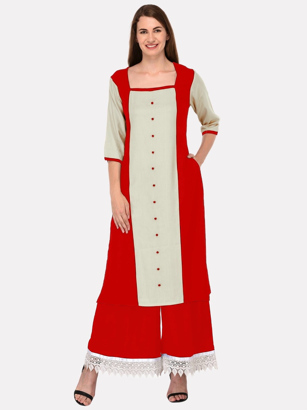 

KALINI Red Colourblocked Square Neck Straight Panelled Kurta