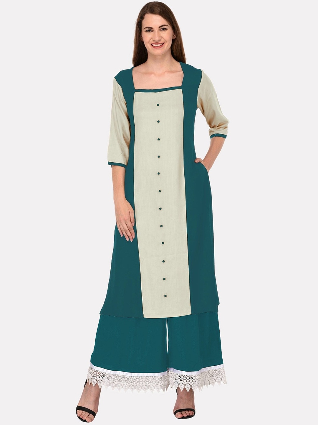

KALINI Women Sea Green Colourblocked Panelled Kurta