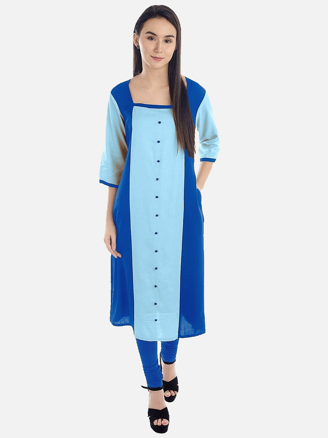 

KALINI Women Turquoise Blue Colourblocked Thread Work Tiering Kurta