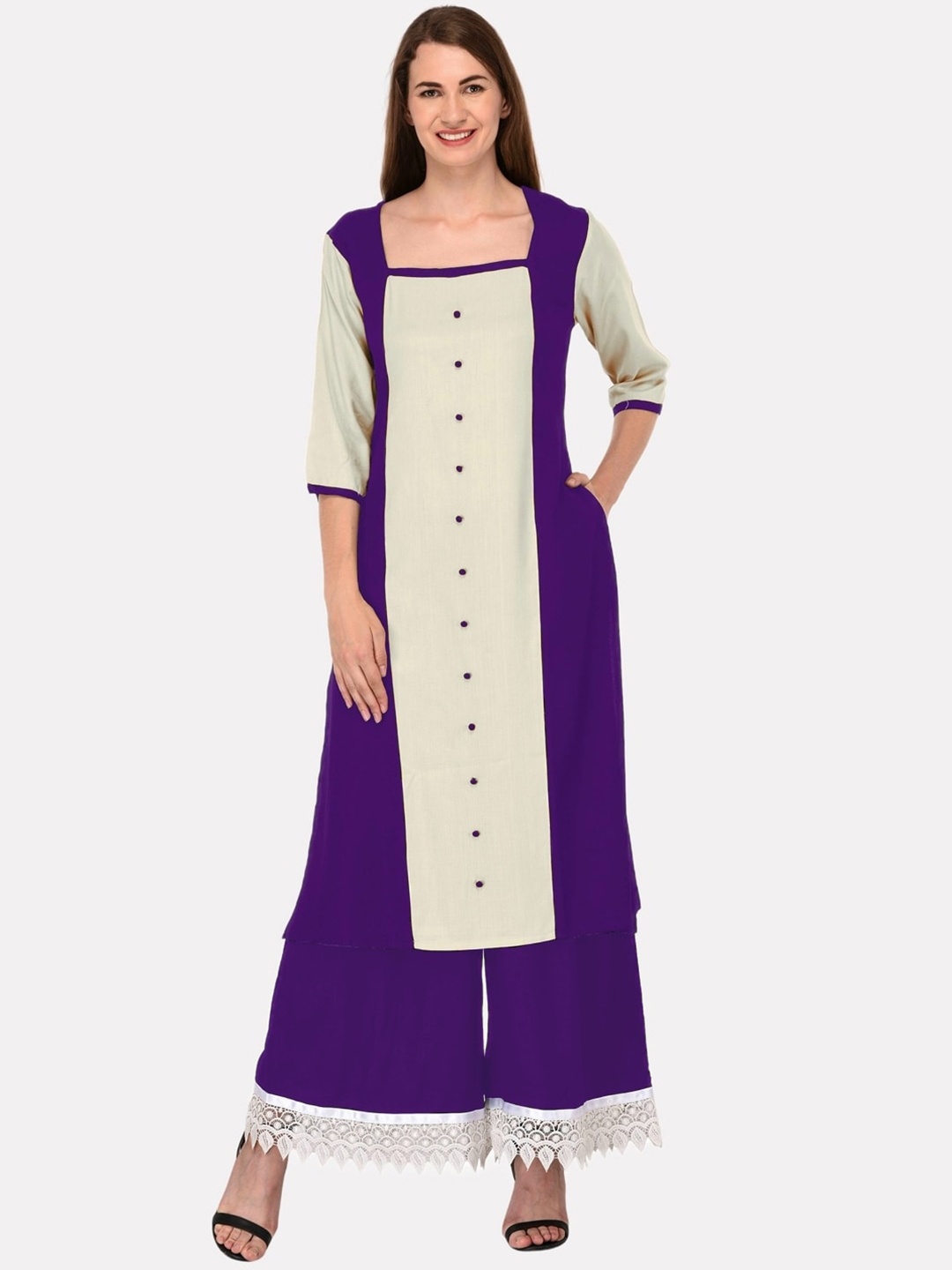 

KALINI Women Plus Size Purple & Off-White Colourblocked Paneled Cotton Kurta