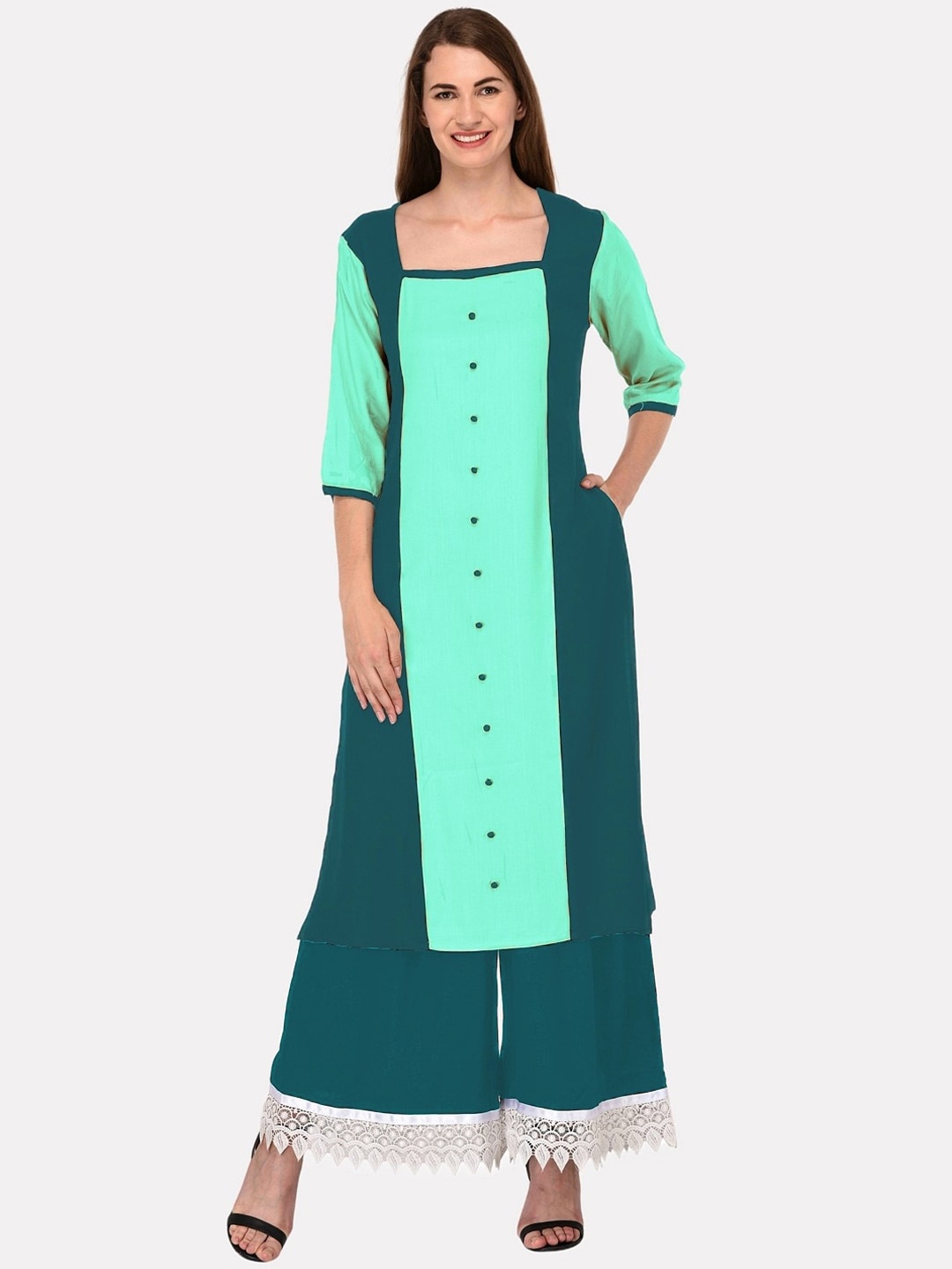 

KALINI Women Sea Green Colourblocked Thread Work Tiering Kurta