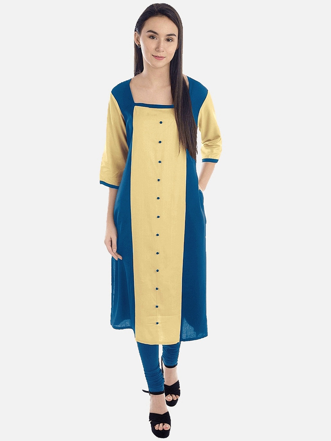

KALINI Women Blue Colourblocked Mirror Work Tiering Kurta