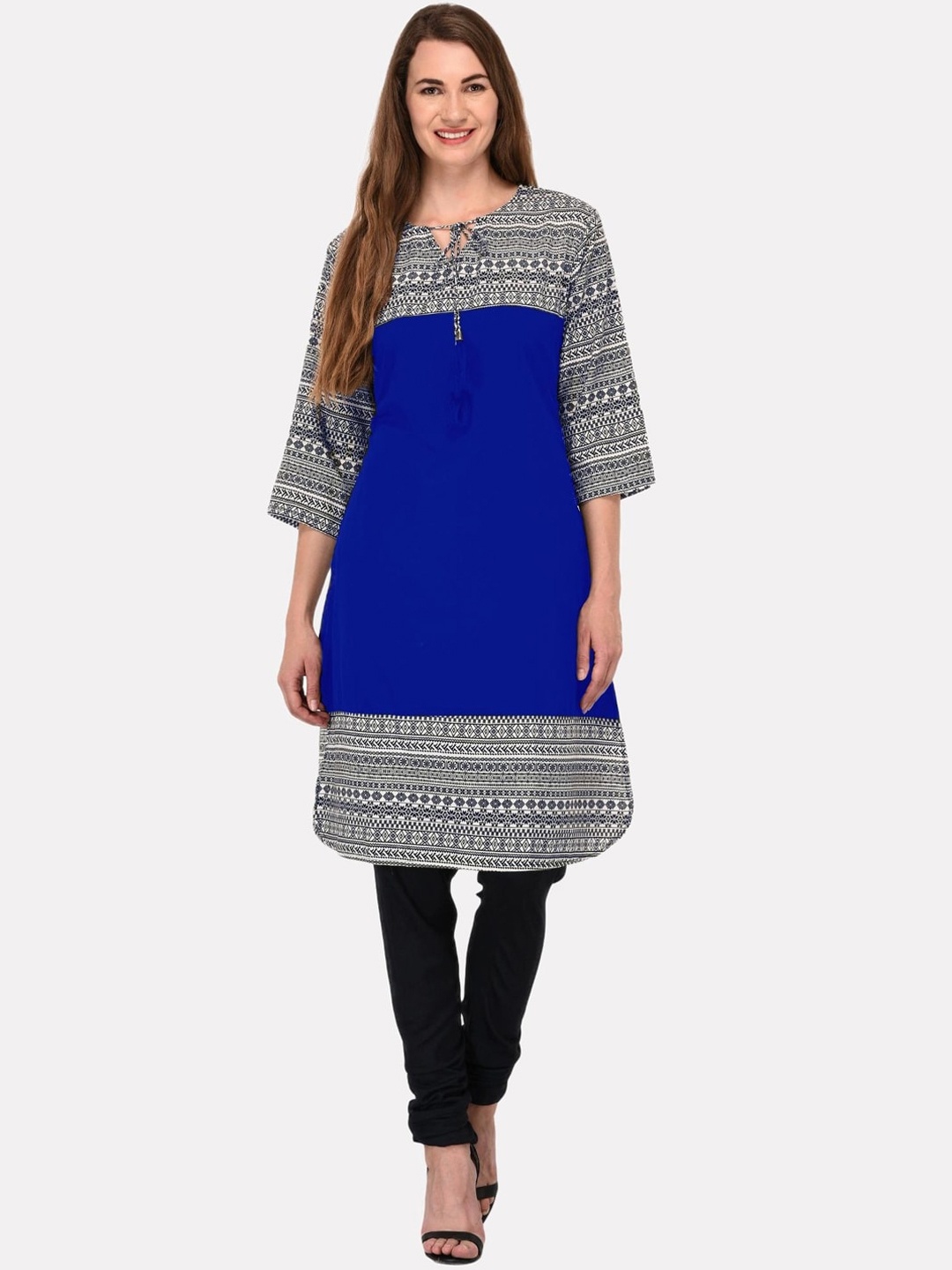 

KALINI Blue Ethnic Motifs Block Print Tie-Up Neck Kurta