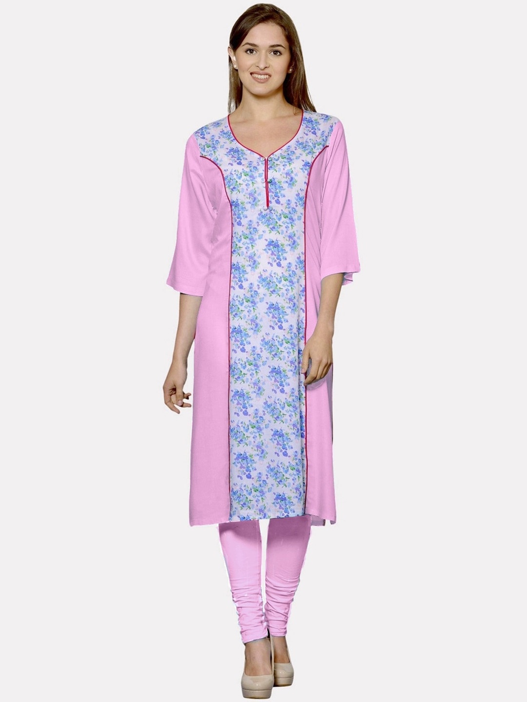 

KALINI Women Plus Size Pink Floral Printed Paneled Kurta