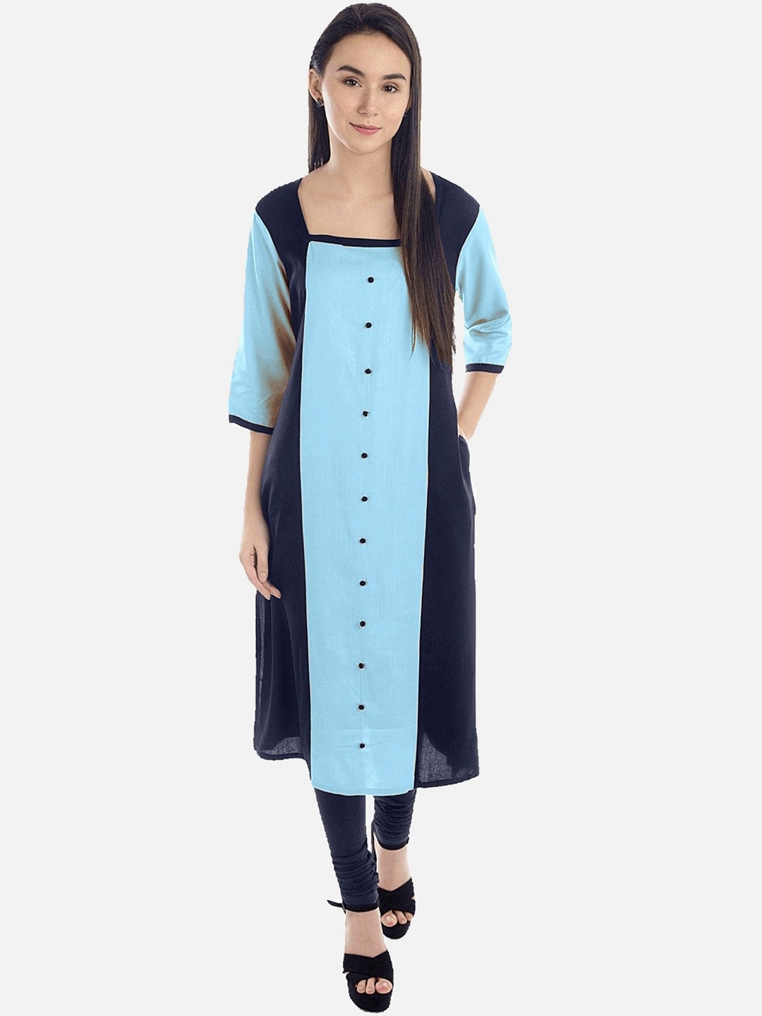 

KALINI Navy Blue Colourblocked Square Neck Straight Panelled Kurta