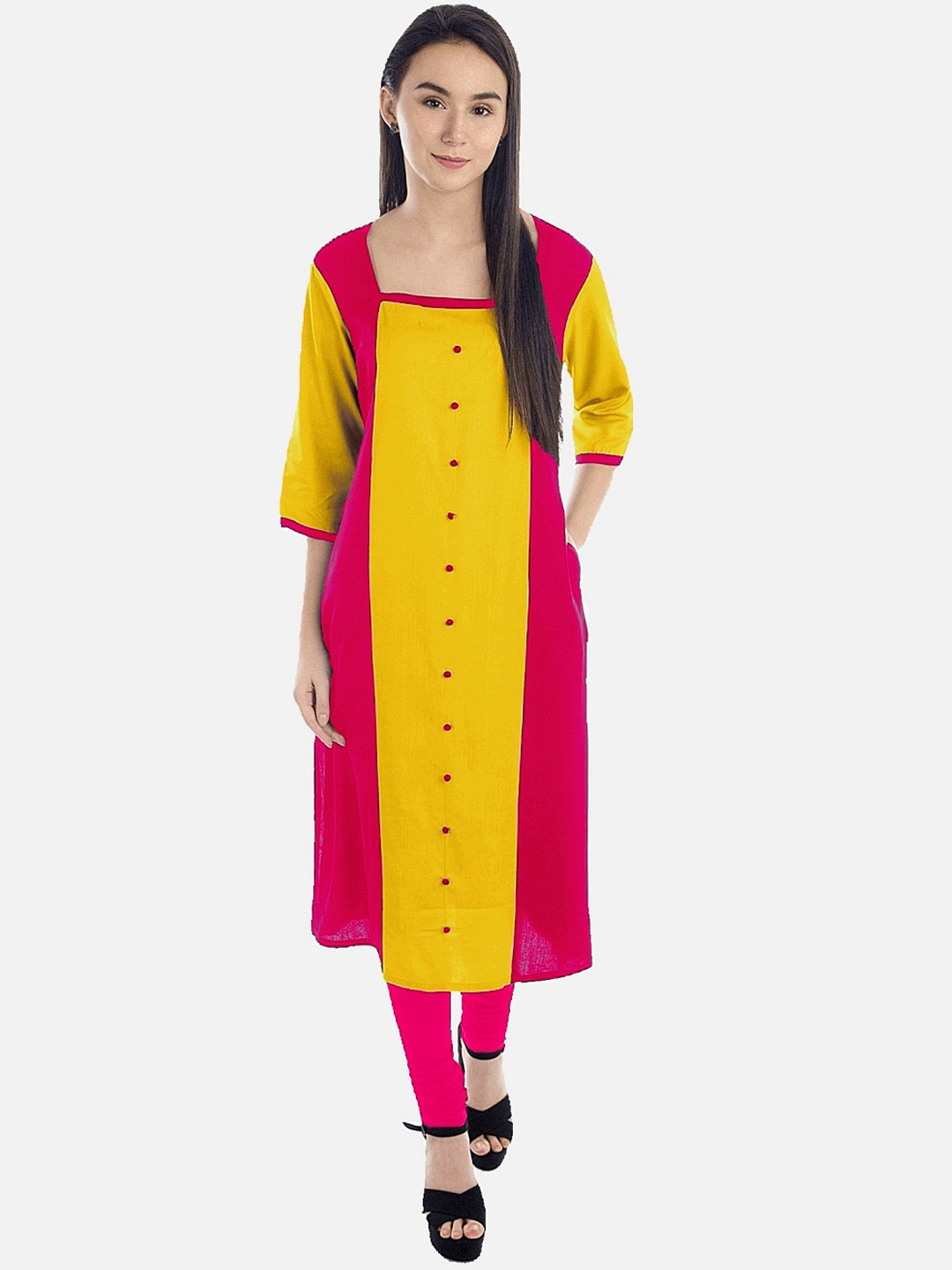 

KALINI Women Fuchsia & Yellow Colourblocked Kurta