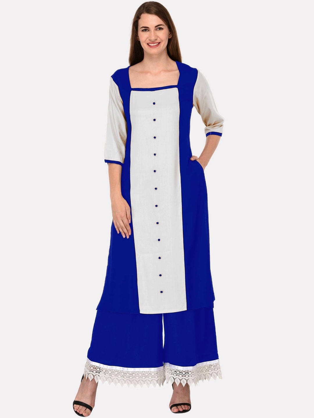 

KALINI Women Navy Blue Colourblocked Mirror Work Tiering Kurta