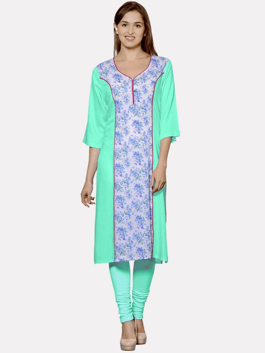 

KALINI Women Plus Size Sea Green Floral Printed Paneled Kurta