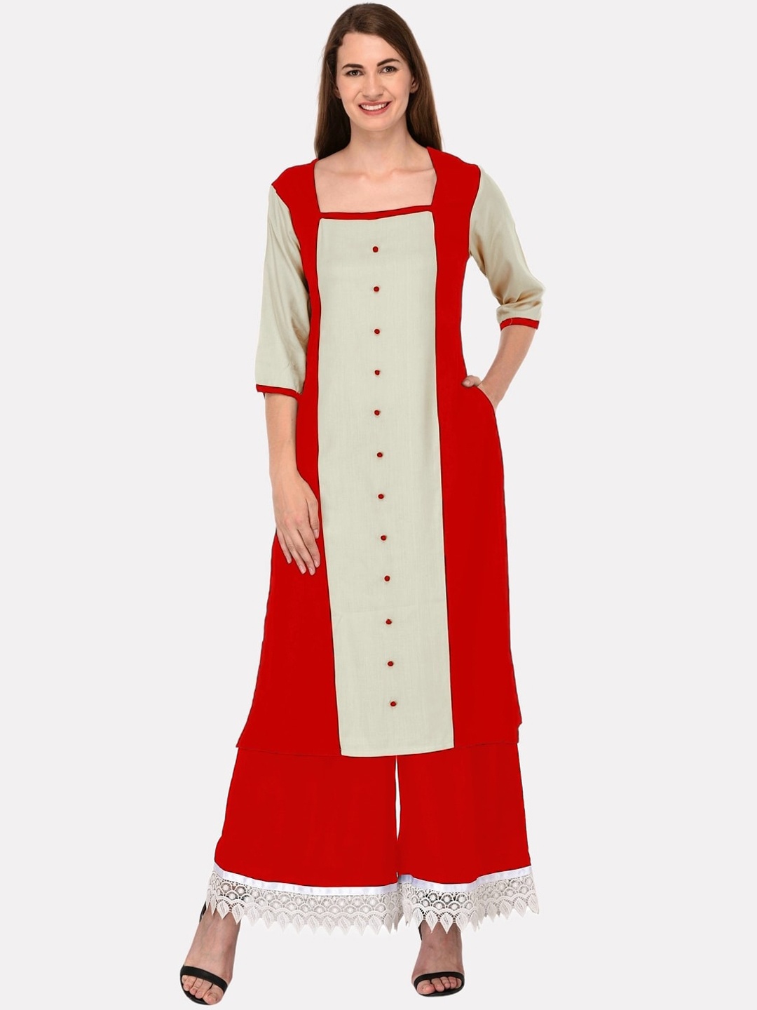 

KALINI Women Red & Green Colourblocked Kurta