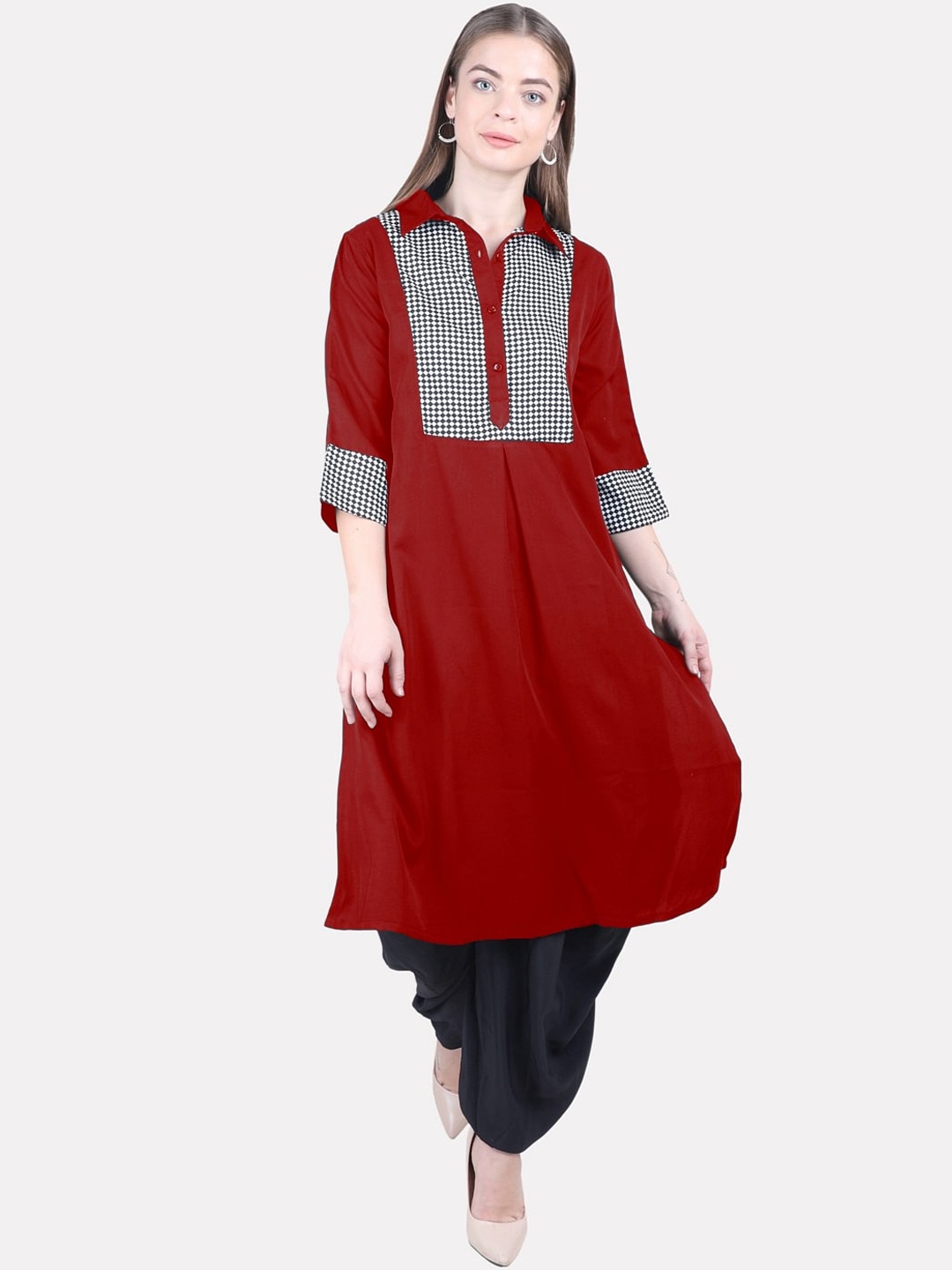 

KALINI Maroon Yoke Checked Printed Pathani Kurta
