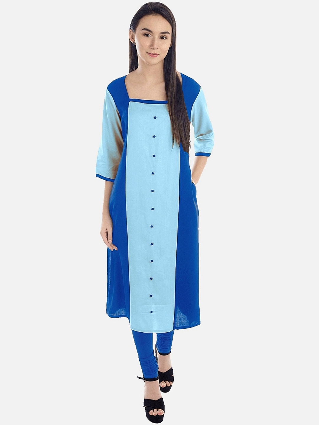 

KALINI Women Turquoise Blue Colourblocked Thread Work Tiering Kurta